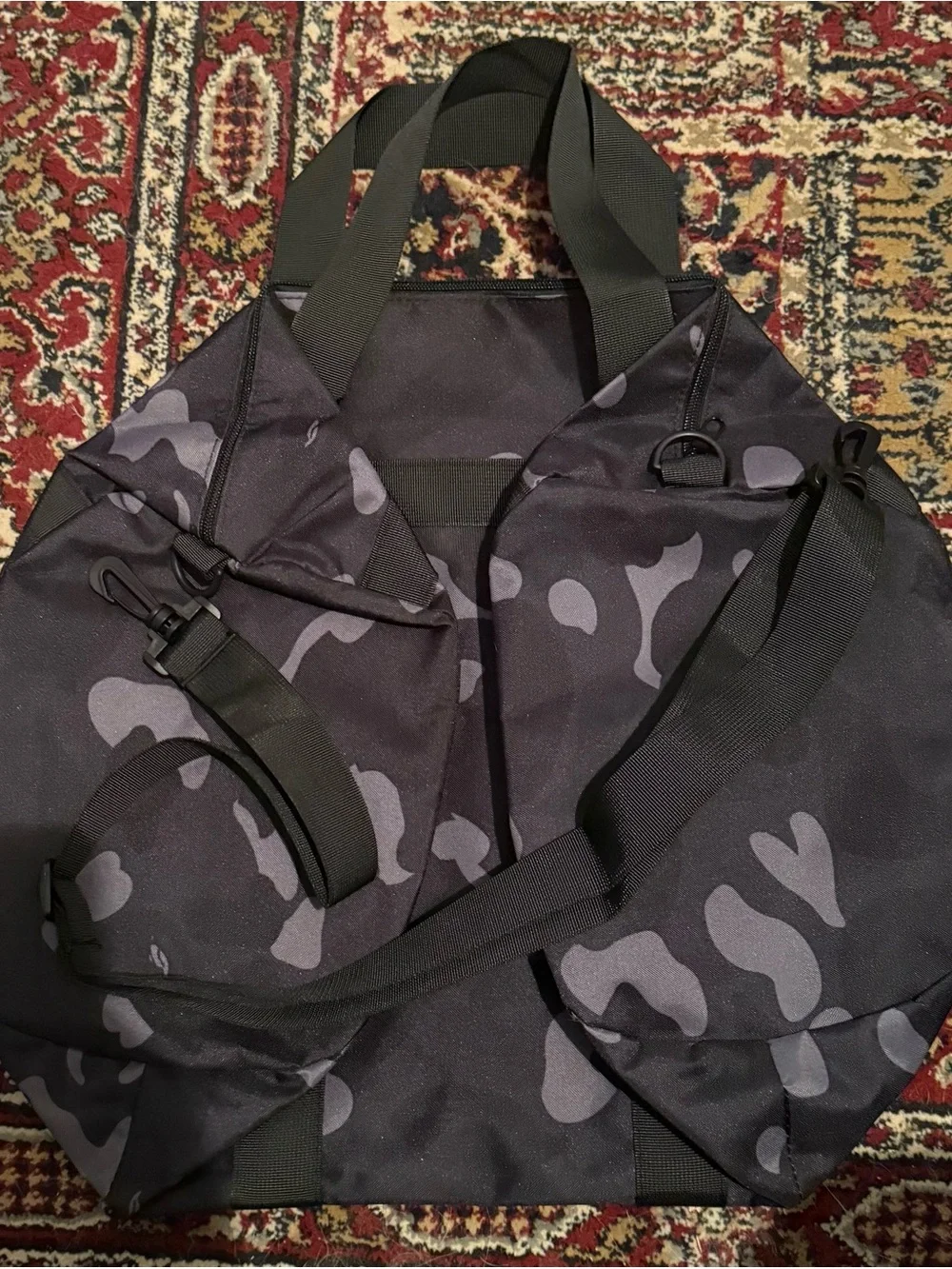 Bape Black Duffel Bag with Brown Ape Head and Yellow Face Details
